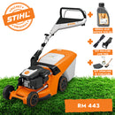 Masina de tuns iarba STIHL RM 443 benzina actionare prin impingere latime taiere 41 cm cos colector 52 L + ulei motor 10W-30 0.6L + kit mulcire AMK 043 + kit ingrijire si curatare