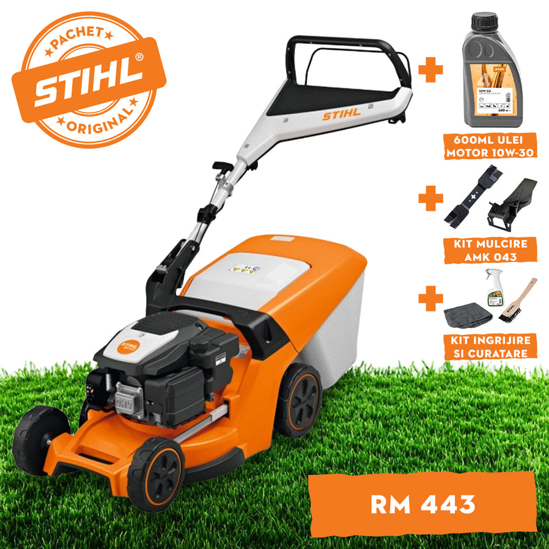 Masina de tuns iarba STIHL RM 443 benzina actionare prin impingere latime taiere 41 cm cos colector 52 L + ulei motor 10W-30 0.6L + kit mulcire AMK 043 + kit ingrijire si curatare