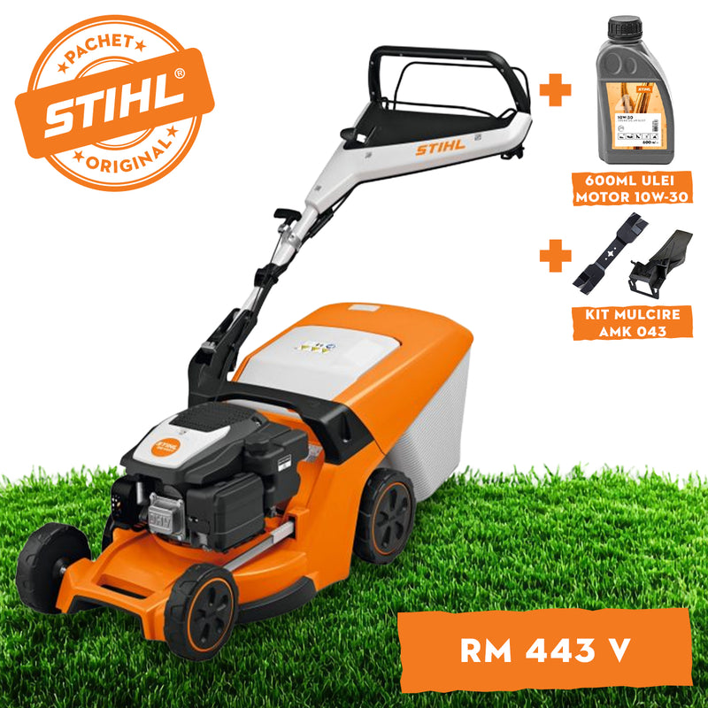 Masina de tuns iarba STIHL RM 443 V benzina autopropulsata latime taiere 41 cm cos colector 52 L + ulei motor 10W-30 0.6L + kit mulcire AMK 043