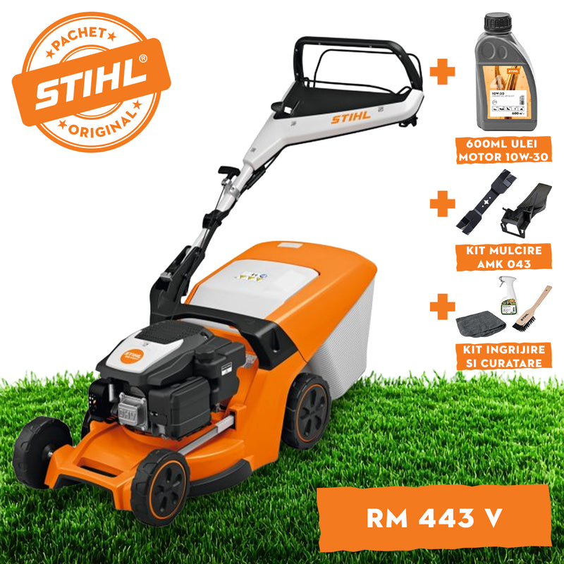 Masina de tuns iarba STIHL RM 443 V benzina autopropulsata latime taiere 41 cm cos colector 52 L + ulei motor 10W-30 0.6L + kit mulcire AMK 043 + kit ingrijire si curatare