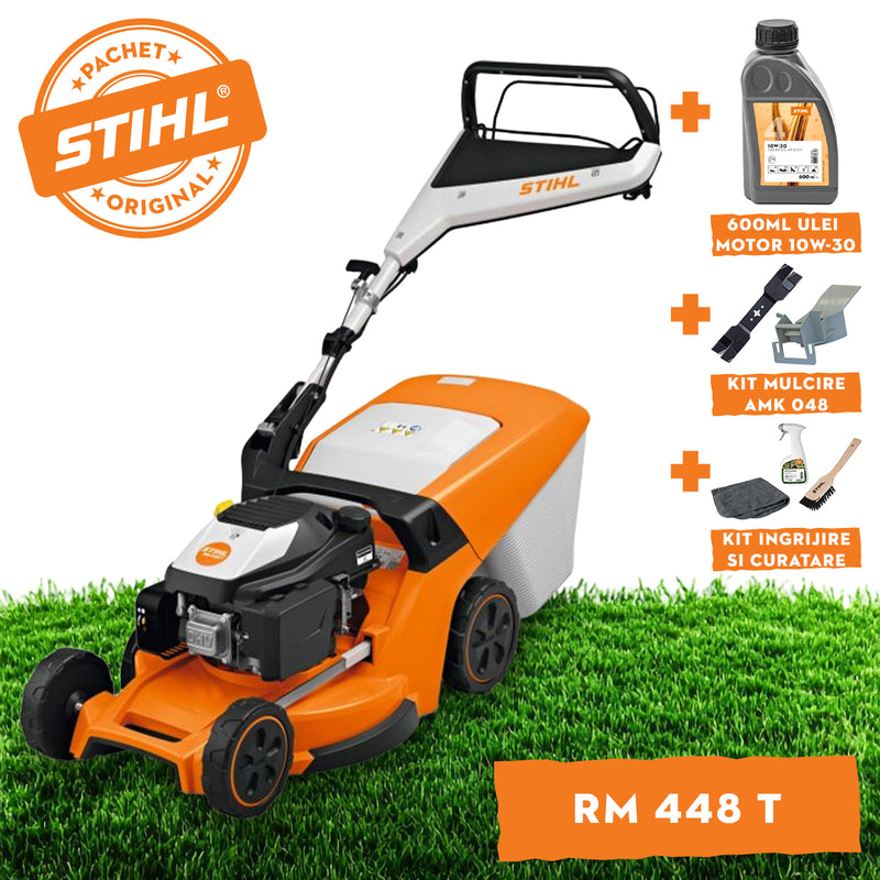 Masina de tuns iarba STIHL RM 448 T benzina autopropulsata latime taiere 46 cm cos colector 52 L + ulei motor 10W-30 0.6L + kit mulcire AMK 048 + kit ingrijire si curatare