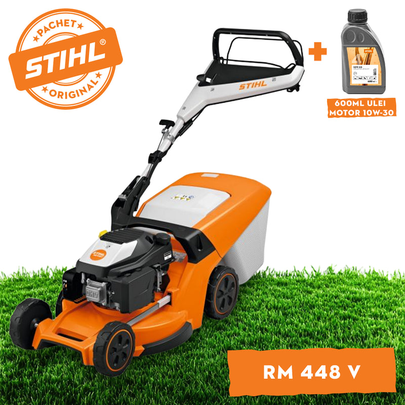 Masina de tuns iarba STIHL RM 448 V benzina autopropulsata latime taiere 46 cm cos colector 52 L + ulei motor 10W-30 0.6L
