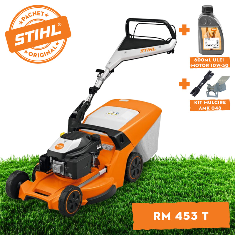 Masina de tuns gazonul STIHL RM 453.3 T benzina autopropulsata latime taiere 51 cm cos colector 55 L + ulei motor 10W-30 0.6L  + kit mulcire AMK 048
