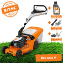 Masina de tuns gazonul STIHL RM 453.3 V benzina autopropulsata latime taiere 51 cm cos colector 55 L + ulei motor 10W-30 0.6L + kit mulcire AMK 048 + kit ingrijire si curatare