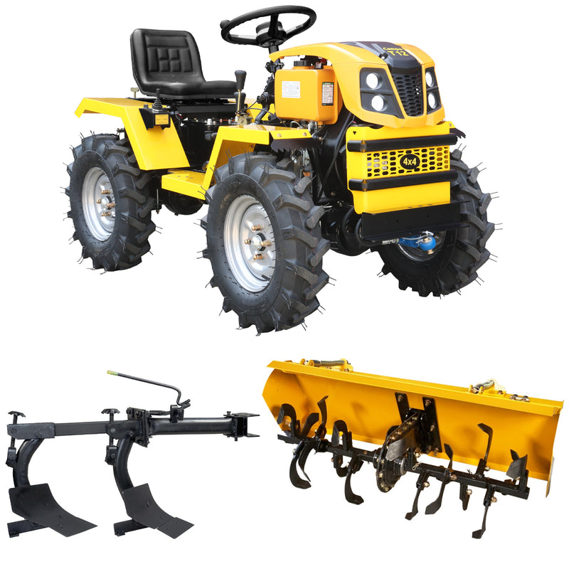 ProGARDEN Campo T12 Minitractor G2.1 4x4, 12CP, diesel, hidraulica fata-spate, roti 6.00-12 cu freza tractata 90 cm plug arat cu 2 brazde