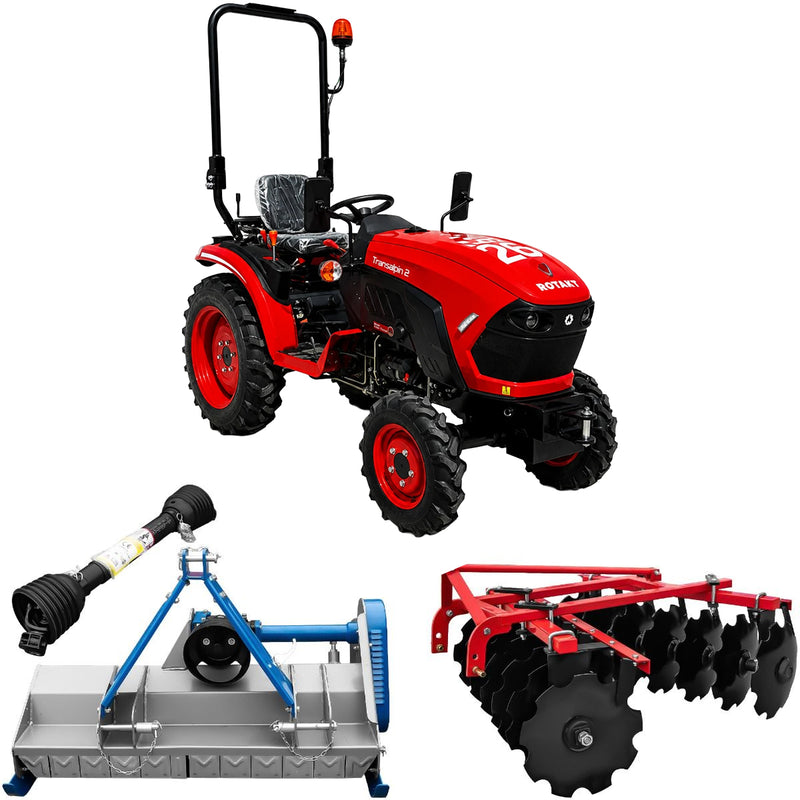 Tractor Rotakt Transalpin 2 motor 26.5 CP diesel 3 cilindri 1.532 cmc tractiune 4x4 + grapa cu disc latime lucru 130 cm + tocator vegetatie latime lucru 100 cm