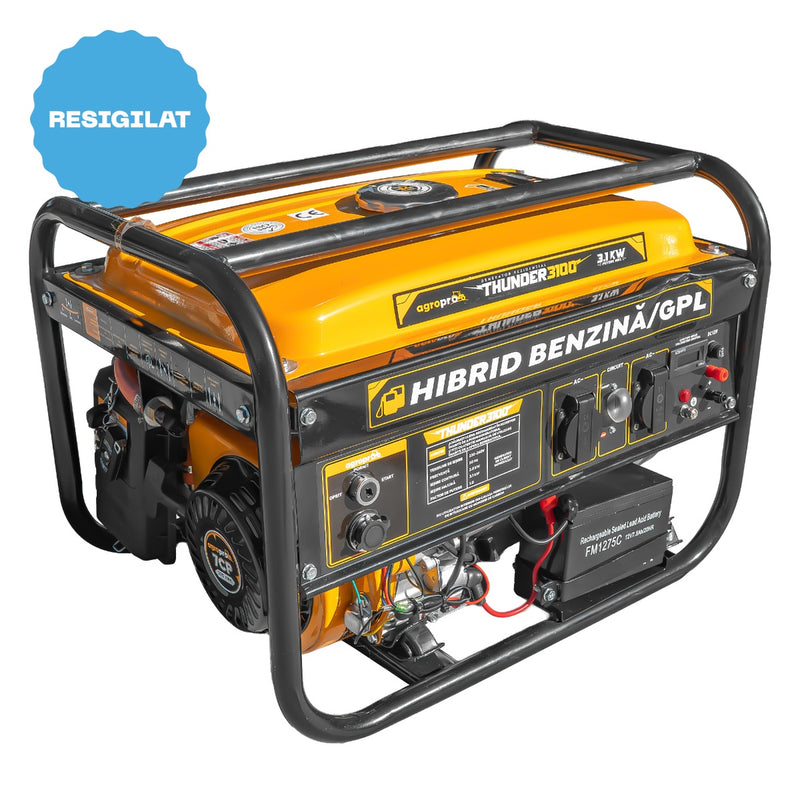 RESIGILAT: Generator 3.1 kW AgroPro THUNDER 3100 benzina GPL pornire electrica telecomanda rezervor 15 L monofazat Euro 5 permite automatizare ATS