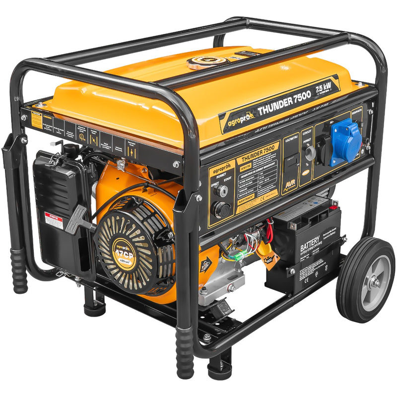 Generator curent AgroPro THUNDER 7500 putere 7.5kW 230V monofazat benzina rezervor 25 L pornire electrica telecomanda AVR permite automatizare ATS sistem transport cu roti si manere
