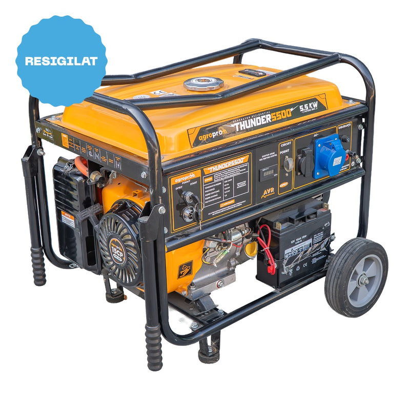 RESIGILAT: Generator rezidential AgroPro THUNDER5500 Hibrid Benzina/GPL putere max 5.5 kW Euro 5 motor 15 CP 420 cmc rezervor 25 L AVR pornire electrica permite automatizare ATS monofazat roti manere transport