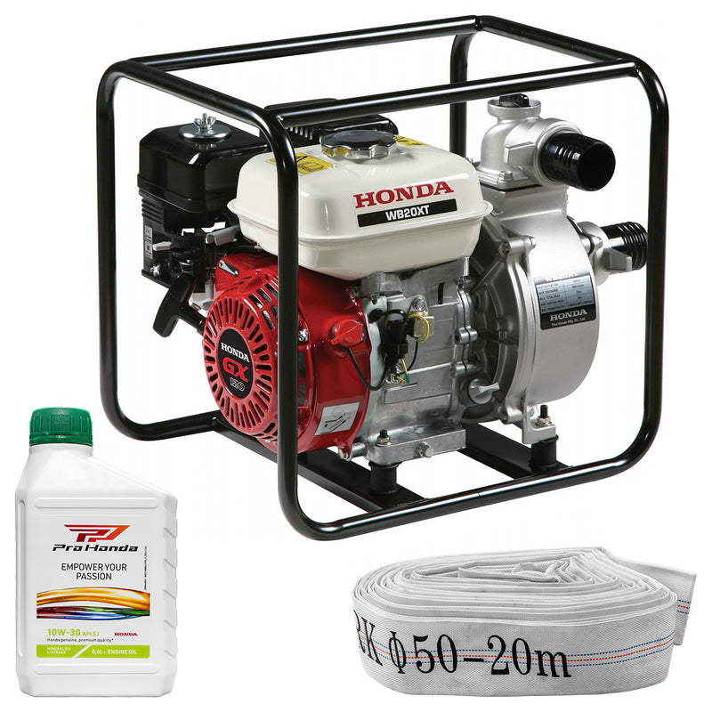 Motopompa ape semi-incarcate HONDA WB 20 XT motor GX120 putere 3.5 CP debit 36 mc/h + Furtun refulare tip pompieri 2" fara racorduri + 0.6l ulei motor Honda