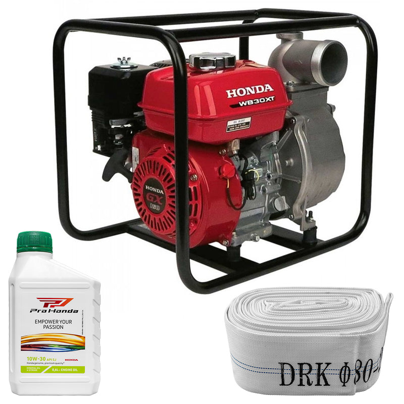 Motopompa apa curata si semimurdara Honda WB30XT 3" motor 4.9 CP 163 cmc 4 timpi debit 66 mc/h refulare 23 m absorbtie 7.5 m + Furtun refulare tip pompieri 3" fara racorduri + 0.6l ulei motor Honda