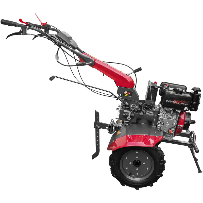 Motocultor Weima WM1100AE-6 pornire electrica motor 7 CP diesel 6 viteze latime lucru 110 cm freze roti cauciuc 4.00-10 reductor usor/greu roti metal plug arat rarita reglabila plug cartofi 5l ulei