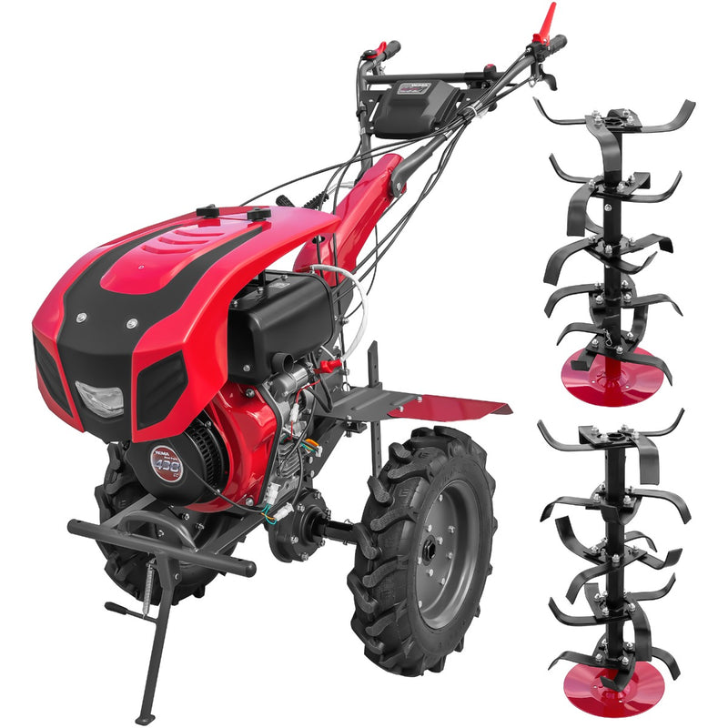 Motocultor Weima WM1100BE pornire electrica motor 10 CP diesel 2+1 viteze latime lucru 135 cm freze roti cauciuc 5.00-12" roti metal cultivator plug reversibil 5l ulei