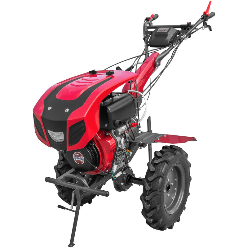 Motocultor Weima WM1100BE pornire electrica motor 10 CP diesel 2+1 viteze latime lucru 135 cm freze roti cauciuc 5.00-12" roti metal plug arat rarita reglabila plug cartofi cultivator plug reversibil 5l ulei