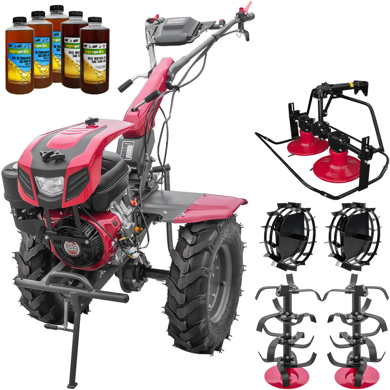 Motocultor Weima WM1100F-6 motor 18 CP benzina 4+2 viteze latime lucru 110 cm freze roti cauciuc 6.50-12" capota cu far ghidon reglabil roti metal cositoare tambur rotativ 5l ulei