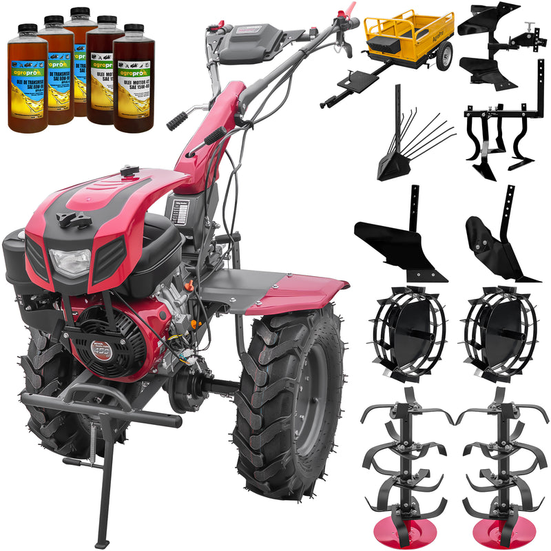 Motocultor Weima WM1100F-6 motor 18 CP benzina 4+2 viteze latime lucru 110 cm freze roti cauciuc 6.50-12" capota cu far ghidon reglabil roti metal plug arat rarita reglabila plug cartofi cultivator plug reversibil remorca 5l ulei