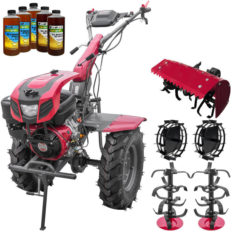 Motocultor Weima WM1100F-6 motor 18 CP benzina 4+2 viteze latime lucru 110 cm freze roti cauciuc 6.50-12" capota cu far ghidon reglabil roti metal freza tractata 5l ulei