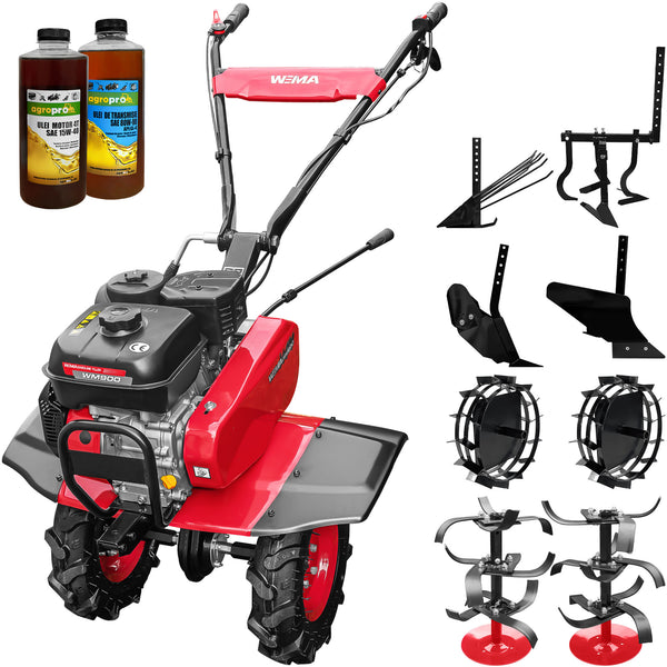 Motosapa Weima WM900 motor 7 CP 2+1 viteze latime lucru 80 cm transmisie fonta freze 2+1+disc roti cauciuc 4.00x8" roti metal plug arat rarita reglabila plug cartofi cultivator 2l ulei