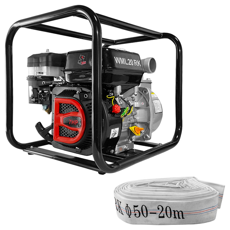 Motopompa MediaLine WML20RK 2" pentru apa curata motor 7 CP debit maxim 30 m³/h inaltime refulare 32 m adancime aspiratie 8 m + Furtun refulare tip pompieri 2" fara racorduri