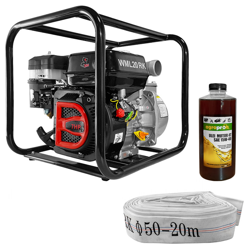 Motopompa MediaLine WML20RK 2" pentru apa curata motor 7 CP debit maxim 30 m³/h inaltime refulare 32 m adancime aspiratie 8 m + Furtun refulare tip pompieri 2" fara racorduri + 1l ulei motor
