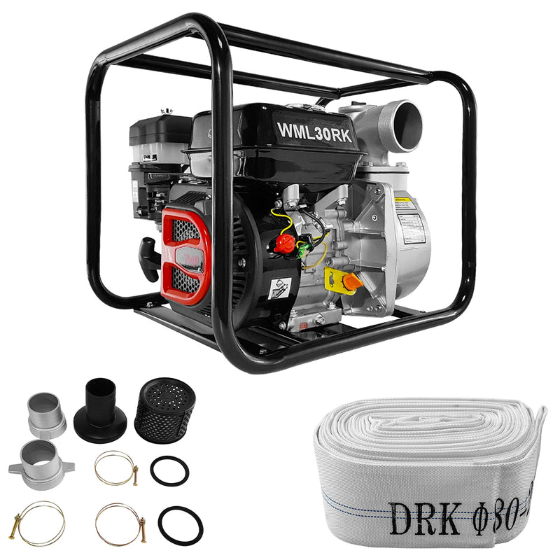 Motopompa MediaLine WML30RK 3" pentru apa curata motor 7 CP debit maxim 55 mc/h inaltime refulare 32 m adancime aspiratie 8 m + Furtun refulare tip pompieri 3" fara racorduri