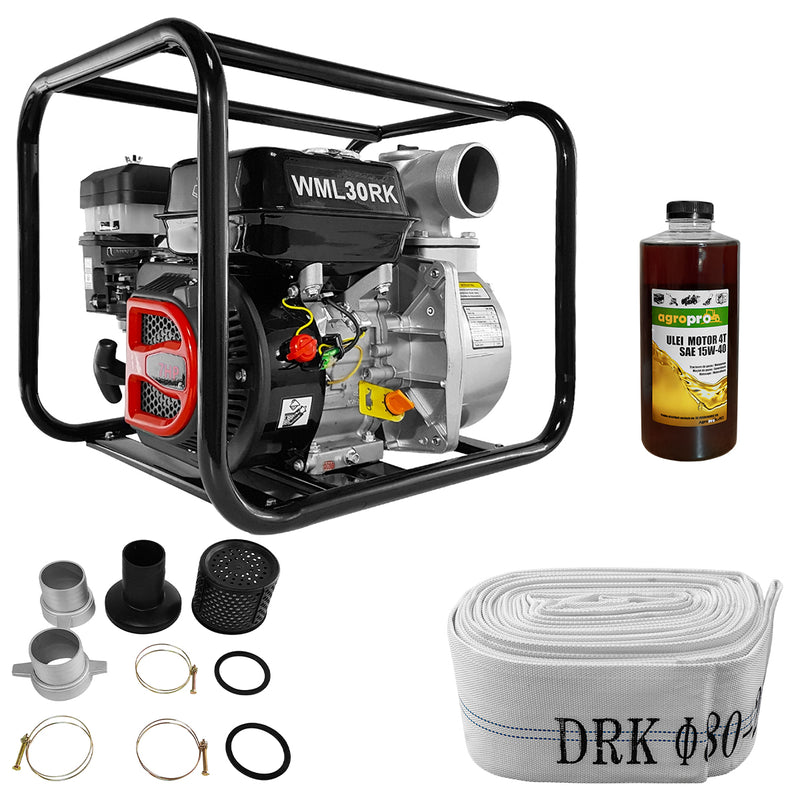 Motopompa MediaLine WML30RK 3" pentru apa curata motor 7 CP debit maxim 55 mc/h inaltime refulare 32 m adancime aspiratie 8 m + Furtun refulare tip pompieri 3" fara racorduri + 1l ulei motor