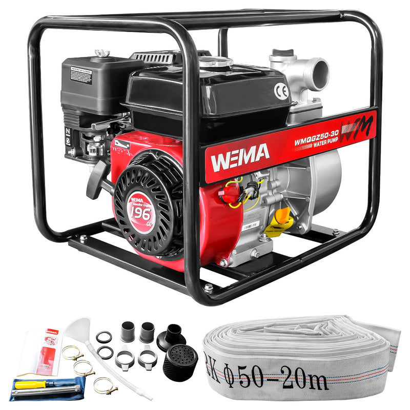 Motopompa apa curata Weima WMQGZ50-30 2" motor 6.5 CP 196 cmc 4 timpi benzina debit 32 mc/h refulare 30 m absorbtie 7 m + Furtun refulare tip pompieri 2" fara racorduri