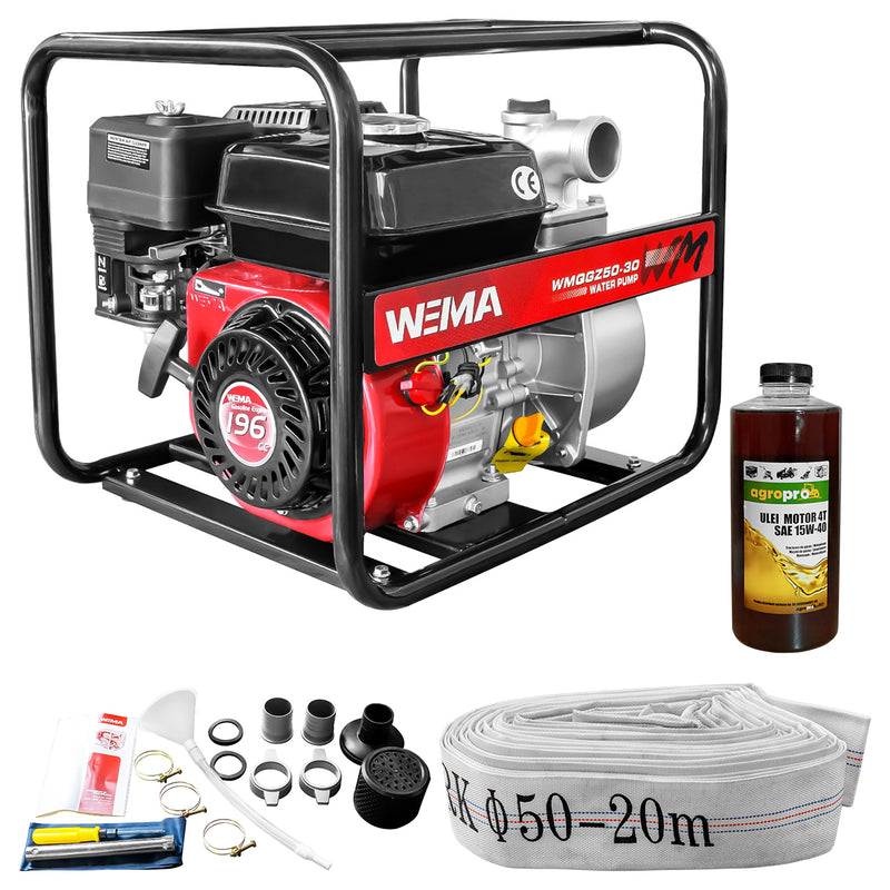 Motopompa apa curata Weima WMQGZ50-30 2" motor 6.5 CP 196 cmc 4 timpi benzina debit 32 mc/h refulare 30 m absorbtie 7 m + Furtun refulare tip pompieri 2" fara racorduri + 1l ulei motor
