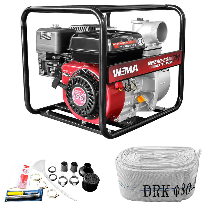 Motopompa apa curata Weima WMQGZ80-30 3" motor 6.5 CP 196 cmc 4 timpi benzina debit 60 mc/h refulare 30 m absorbtie 5 m + Furtun refulare tip pompieri 3" fara racorduri
