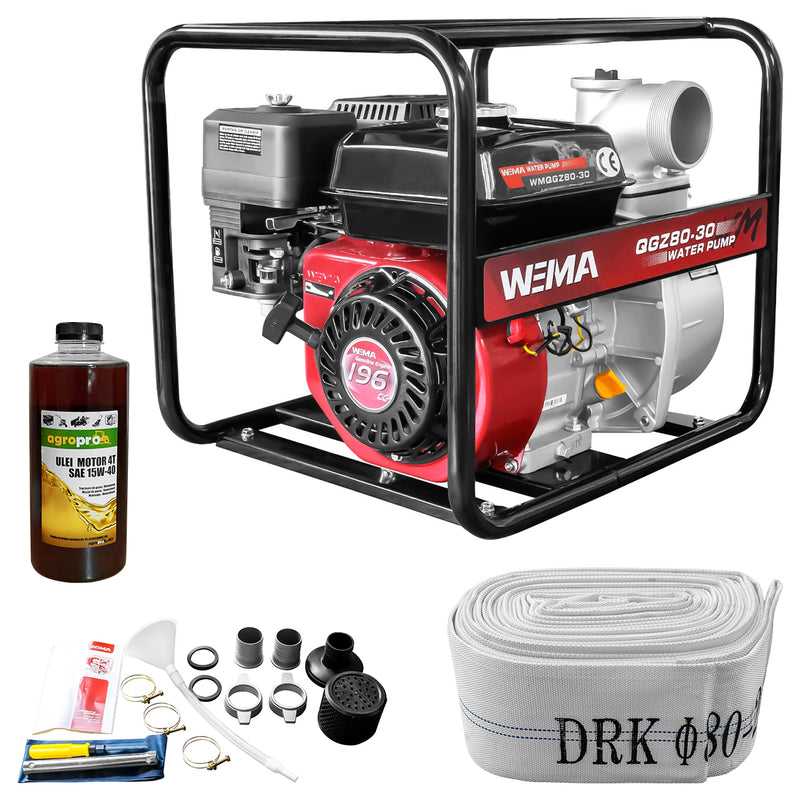 Motopompa apa curata Weima WMQGZ80-30 3" motor 6.5 CP 196 cmc 4 timpi benzina debit 60 mc/h refulare 30 m absorbtie 5 m + Furtun refulare tip pompieri 3" fara racorduri + 1l ulei motor