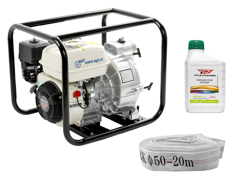 Motopompa apa murdara AGT WPT 20 HKX 2" motor Honda GP160 5.5 CP 163 cmc 4 timpi debit 25.2 mc/h refulare 25 m absorbtie 7 m  + Furtun refulare tip pompieri 2" fara racorduri + 0.6l ulei motor Honda