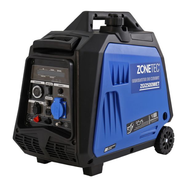 Generator de curent tip inverter Zonetec ZGI2500WET monofazat 2.5 kW roti si maner pliabil pentru transport pornire electrica