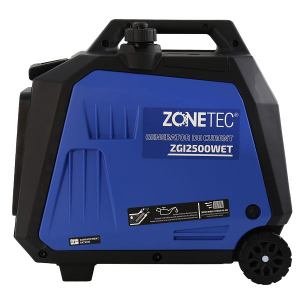 Generator de curent tip inverter Zonetec ZGI2500WET monofazat 2.5 kW roti si maner pliabil pentru transport pornire electrica