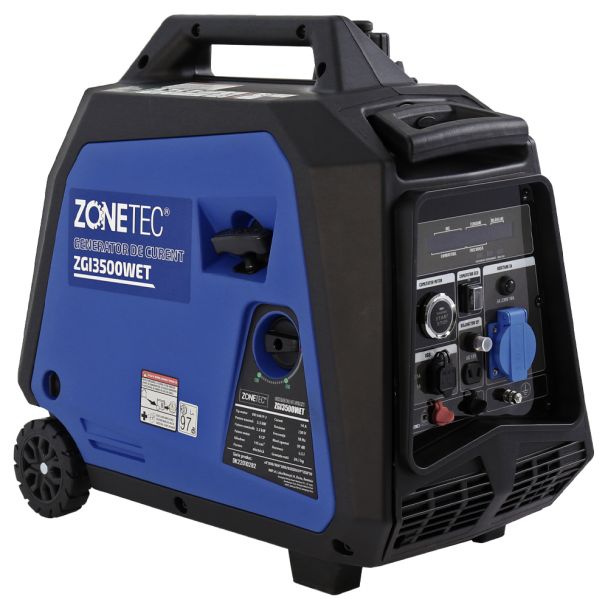 Generator de curent tip inverter Zonetec ZGI3500WET monofazat 3.5 kW roti si maner pliabil pentru transport pornire electrica
