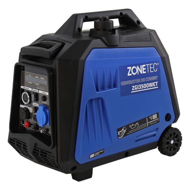 Generator de curent tip inverter Zonetec ZGI3500WET monofazat 3.5 kW roti si maner pliabil pentru transport pornire electrica